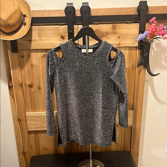 Michael Kors Tops - Michael Kors Metallic Gray Black Cold Shoulder Shirt